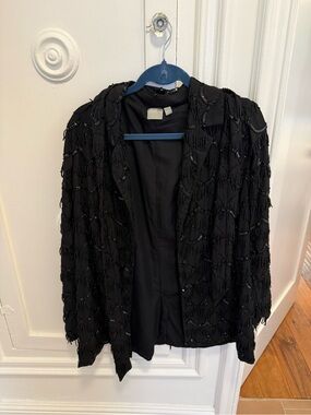ASOS Black Beaded Open-Front Blazer with tie belt scalloped beading